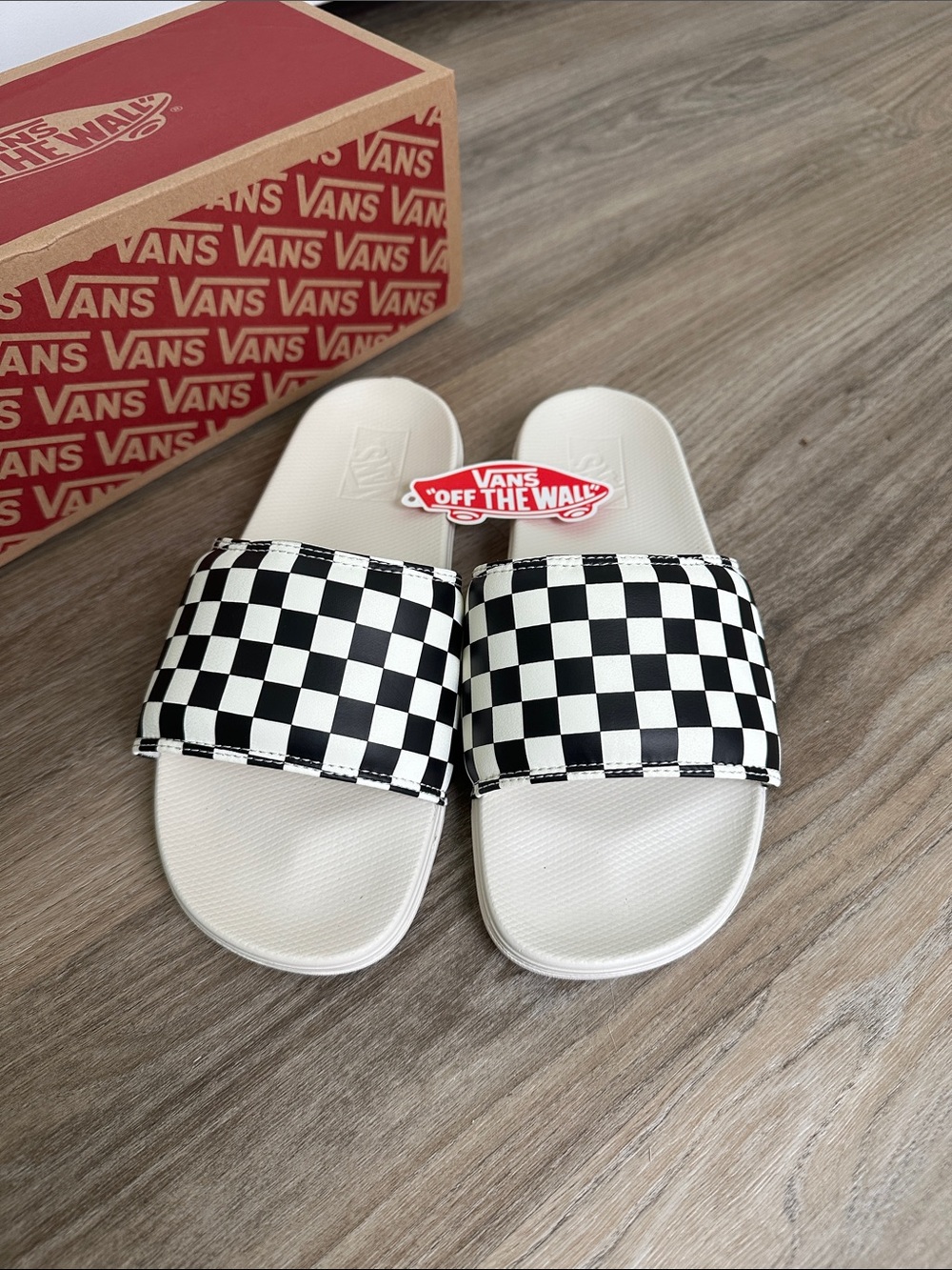 Vans Checkerboard Slide Sandals in Black and Cream